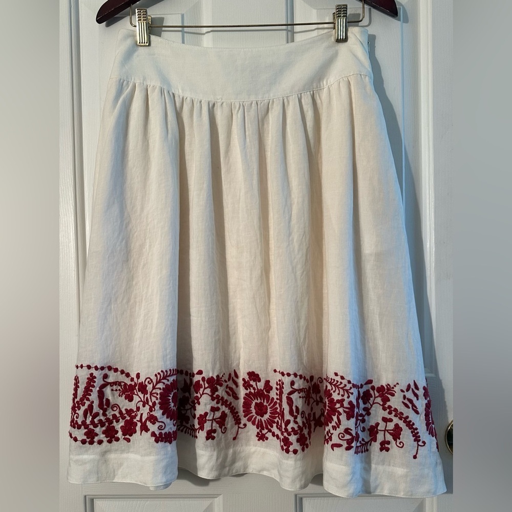 DKNY Ivory 100% Linen Lined A Line Skirt Red Embroidery Pockets Luxury CLEAN!